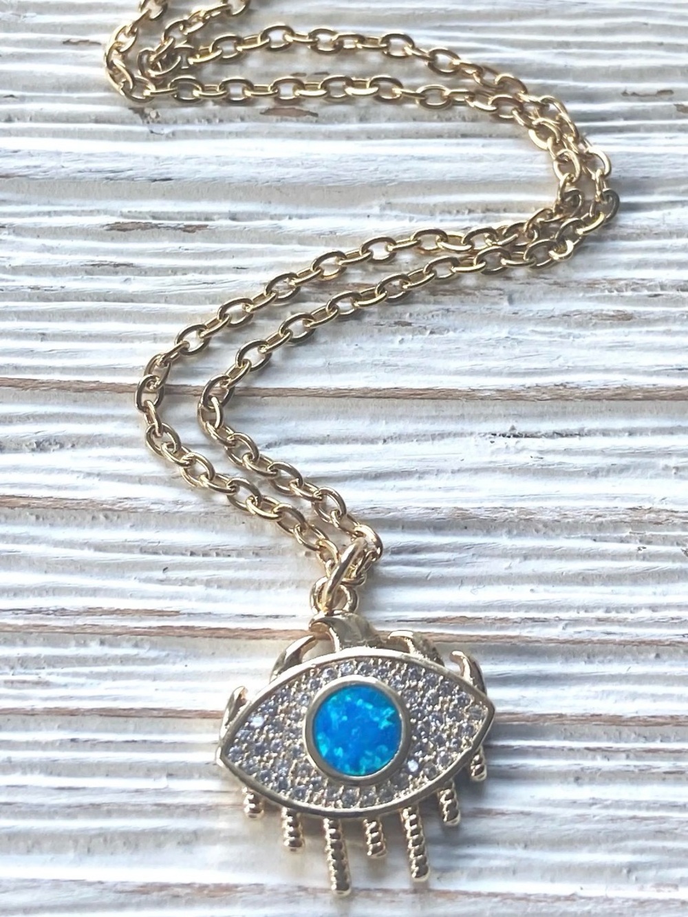 Gold-Tone Blue Opal Evil Eye of Protection Pendant Necklace with Pave Crystals
